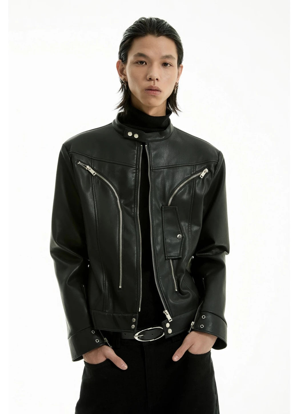 Faux Leather Racer Jacket with Curved Zip Details