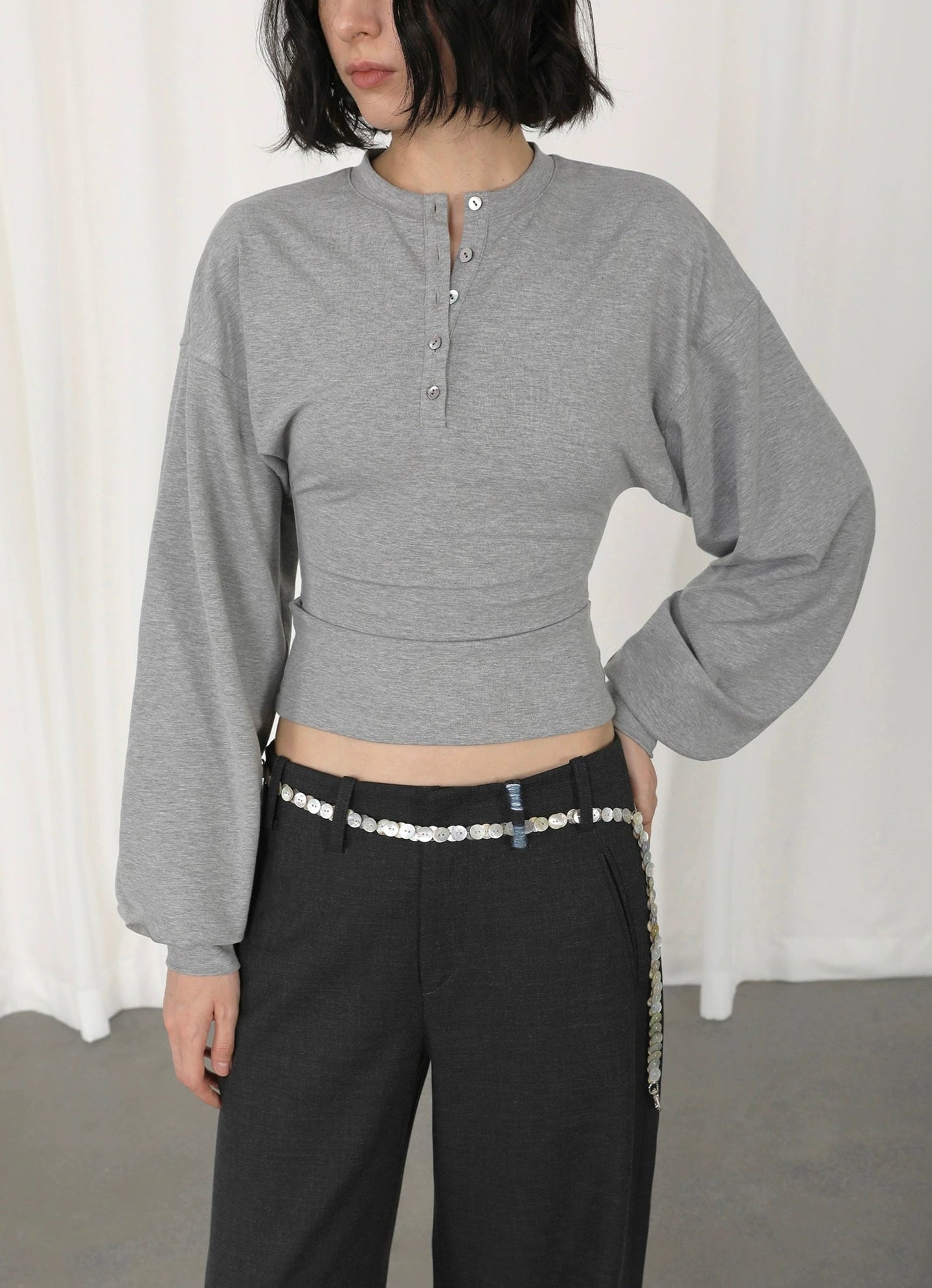 Henley Neck Cinch-Waisted T-Shirt With Balloon Sleeves