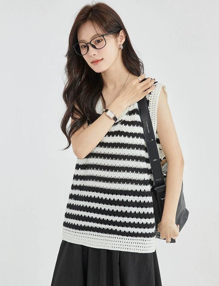 Open Knit Stripe Sweater Vest