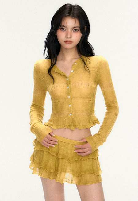 Sheer Ruffle Hem Button Knit Top and Tiered Mini Skirt Two-Piece Set - nightcity clothing