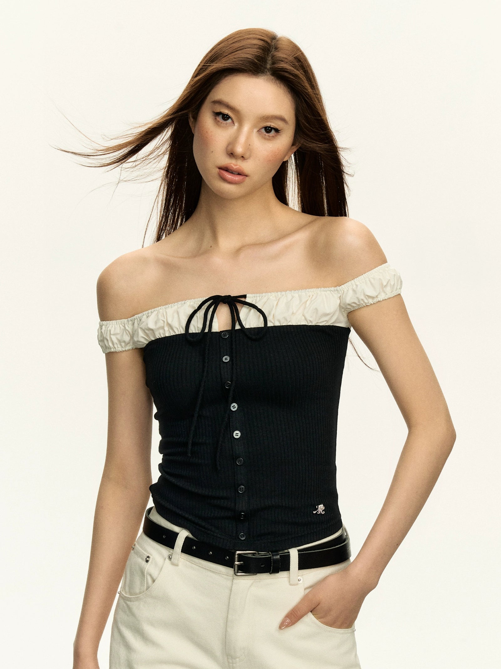 Contrast Mock-Layered Off-Shoulder Ribbed Top