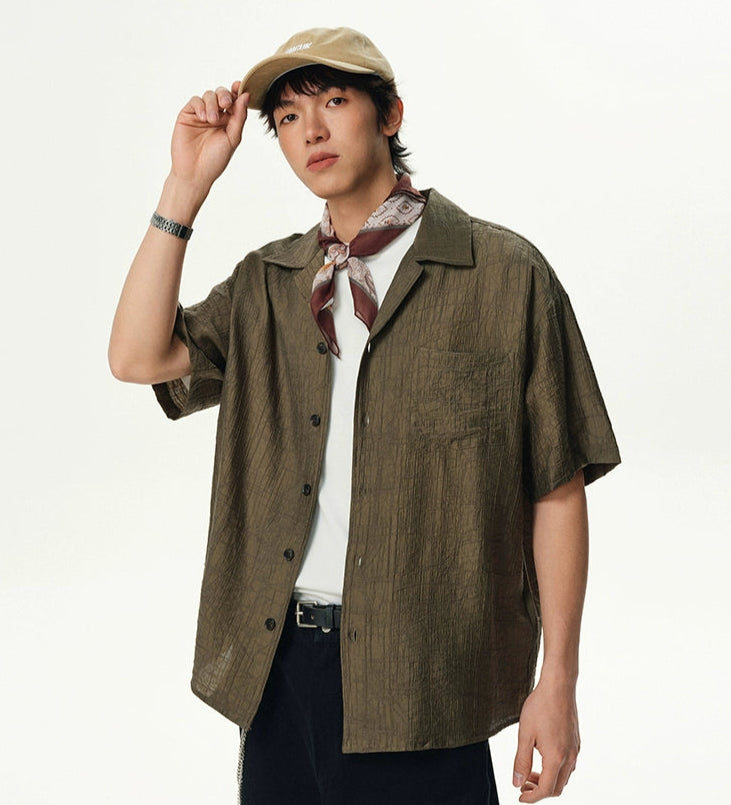 Textured Crinkle Short Sleeve Camp Collar Shirt