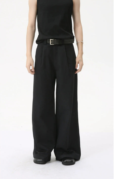 Pleated Wide Leg Trousers with Attached Belt - nightcity clothing