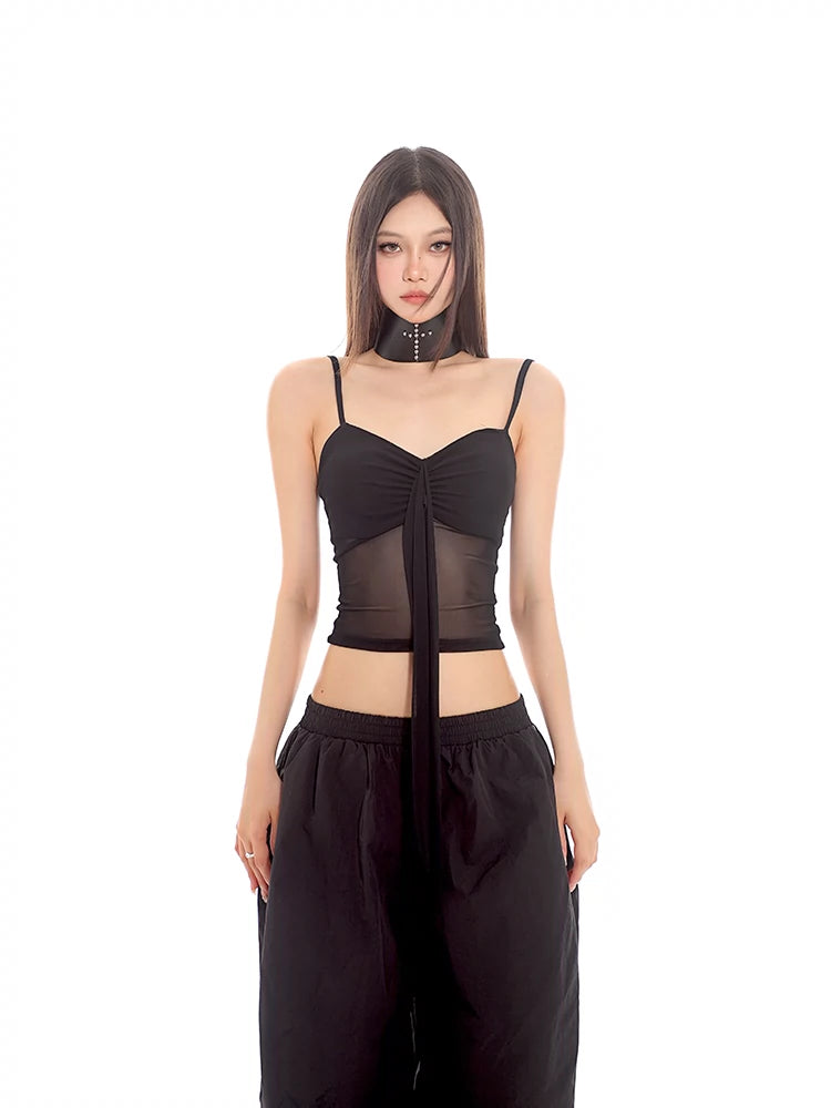 Ruched Bustier Crop Top with Sheer Panel