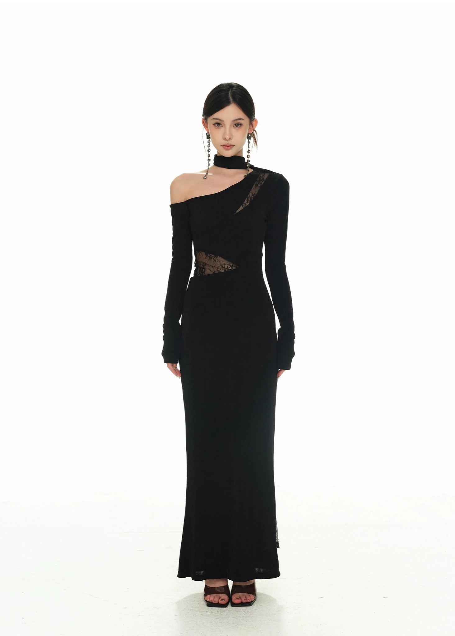 One-Shoulder Lace Detail Long Sleeve Dress with Scarf – nightcity clothing