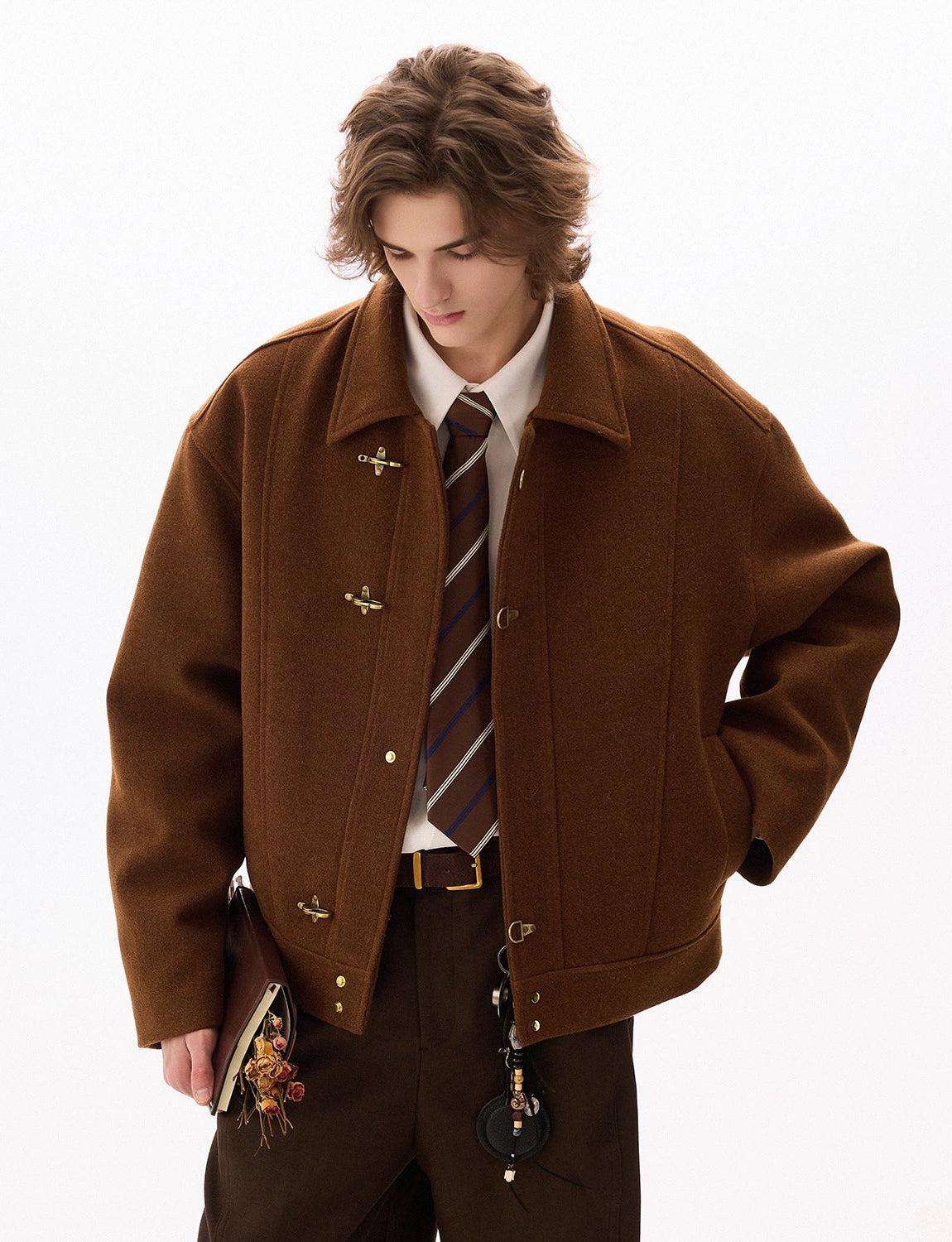 Wool-Blend Drop Shoulder Fireman Clasp Collared Jacket