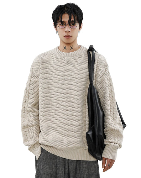 Cable Knit Sleeve Ribbed Trim Drop Shoulder Sweater