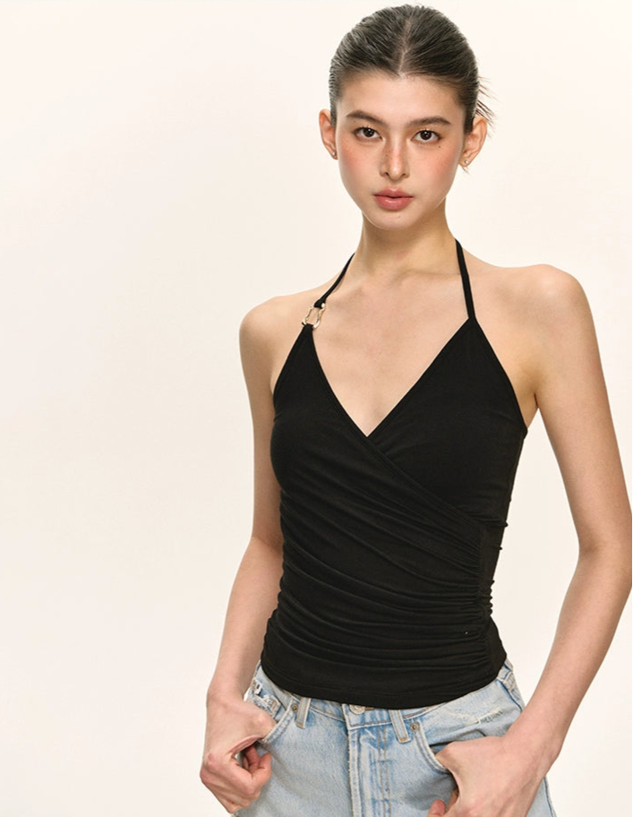 Ruched Wrap Halter Neck Top with Buckle Detail