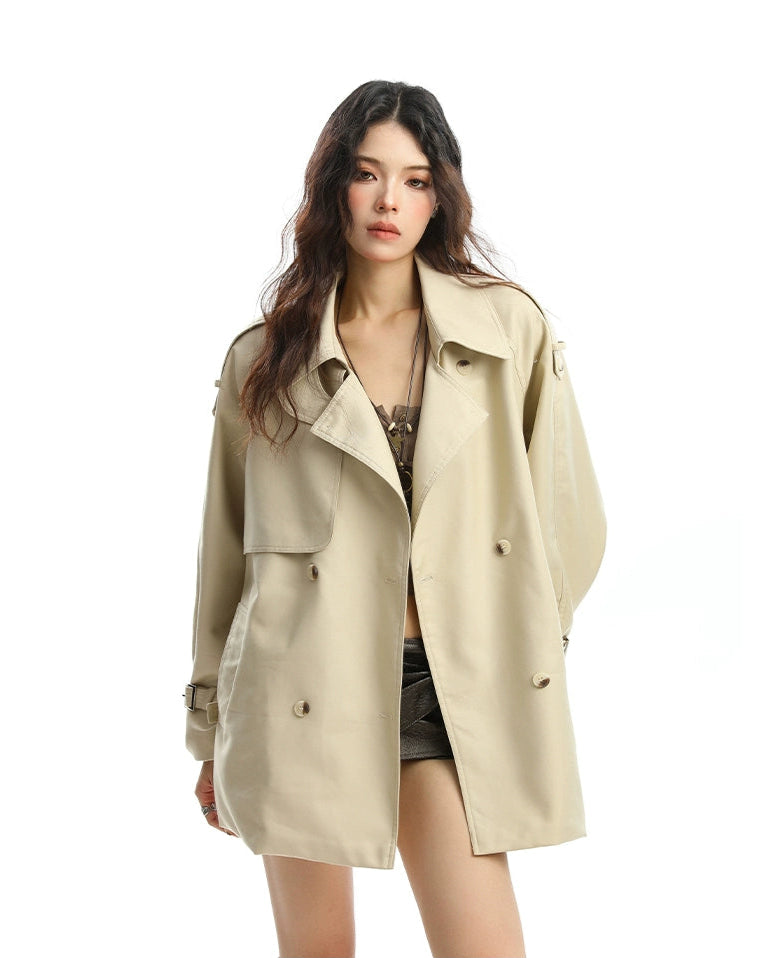Double Breasted Trench Coat with Epaulet and Belt Details