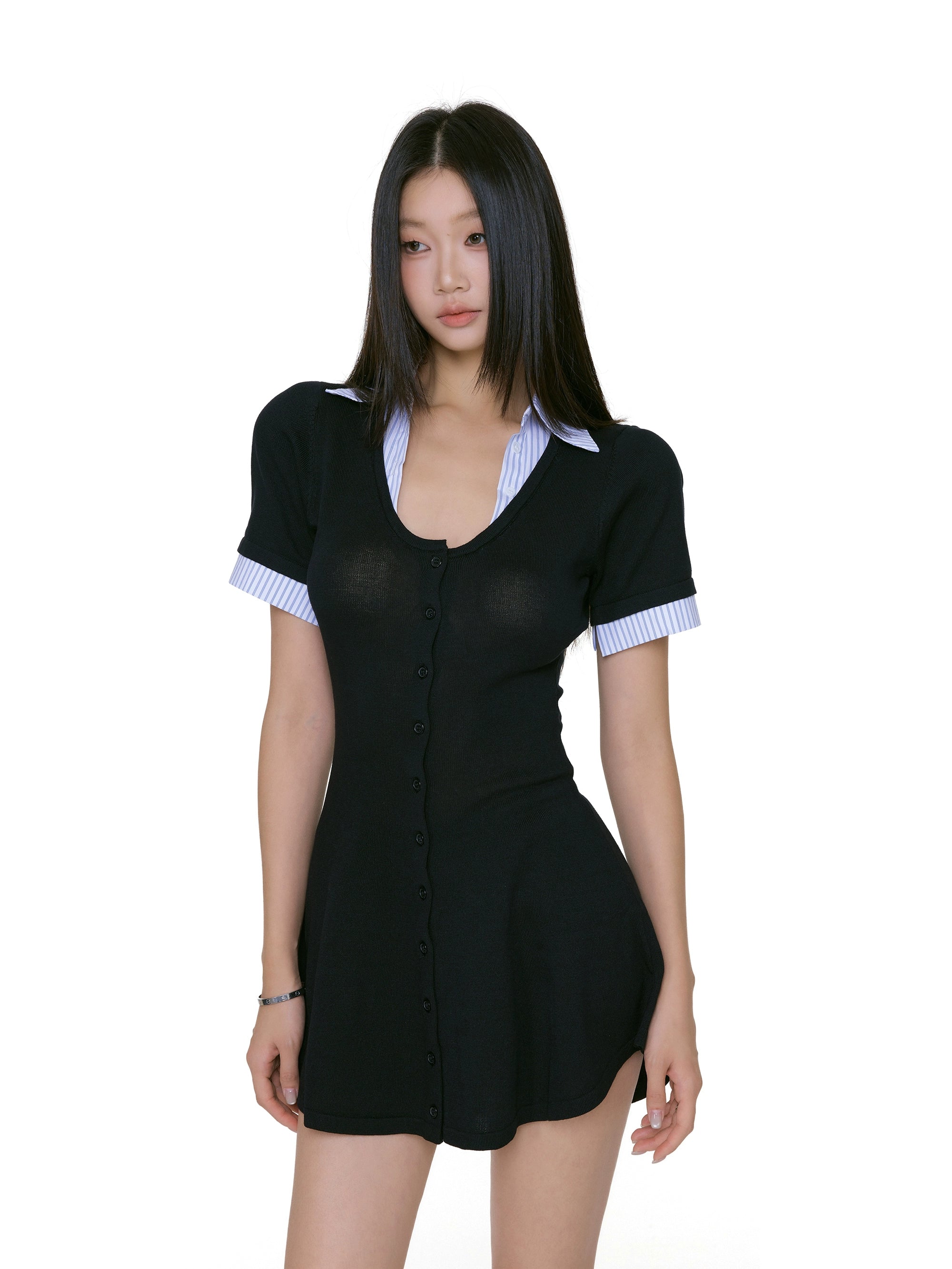 Contrast Stripe Trim Mock Layered Button Mini Dress