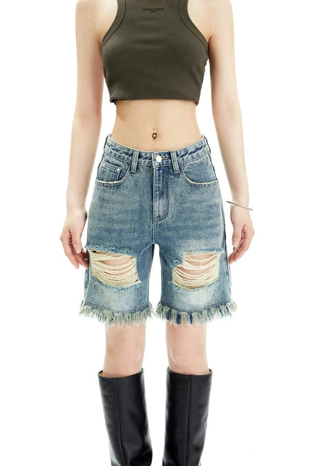 Distressed Denim Bermuda Shorts with Frayed Hem - nightcity clothing