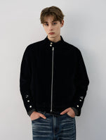 Suede Zip-Up Racer Jacket with Snap Collar and Button Cuffs - nightcity clothing