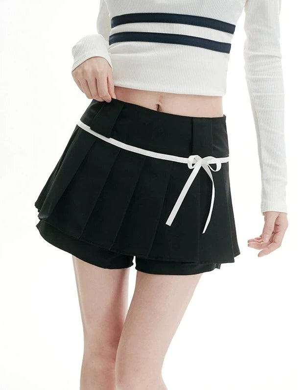 Pleated Tennis Mini Skirt with Bow-Knot Drawstring Waist