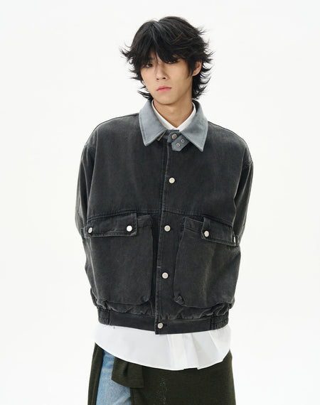 Oversized Worker Button Jacket with Contrast Collar - nightcity clothing