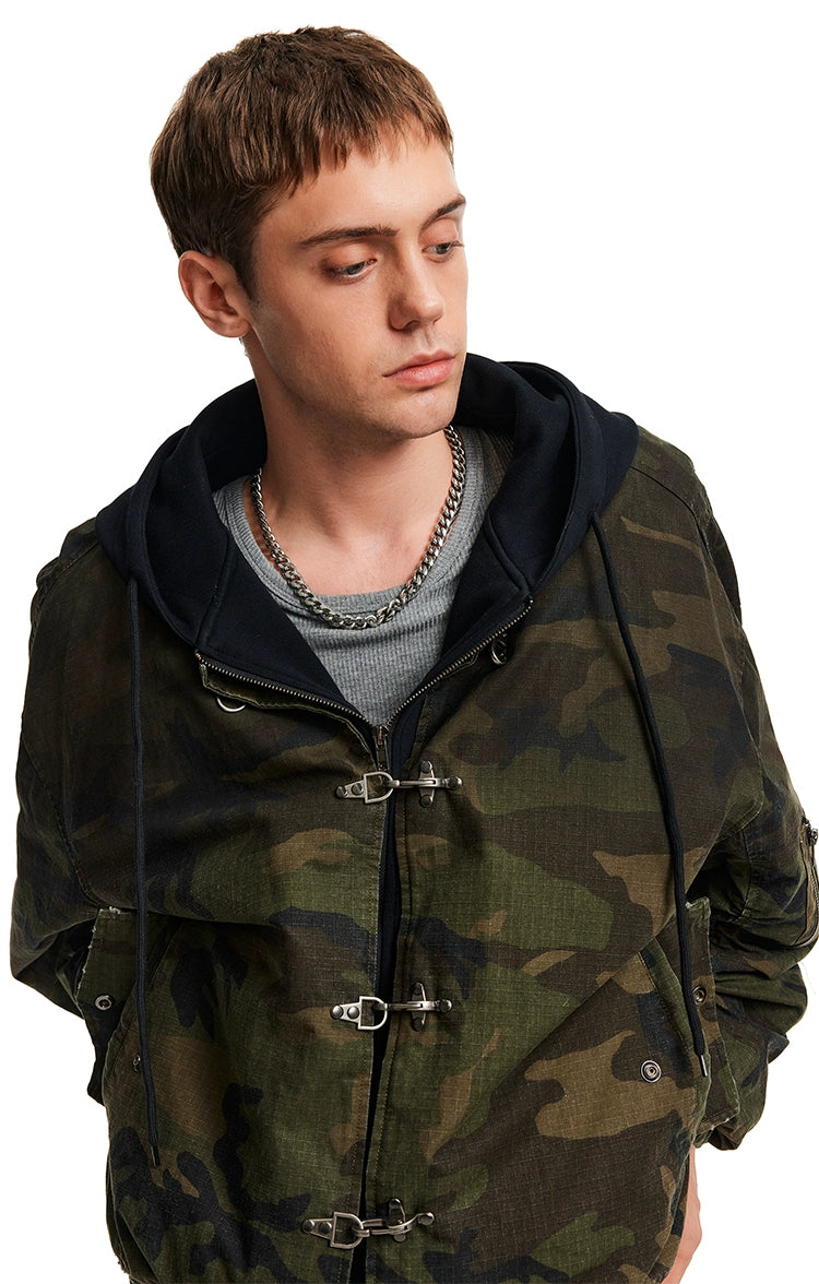 Oversized Fireman Clasp Hooded Distressed Camo Jacket