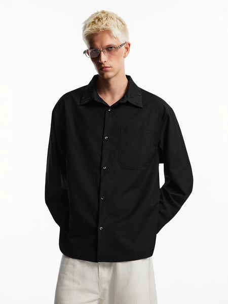 Boxy Long Sleeve Shirt with Embroidered Collar Pattern