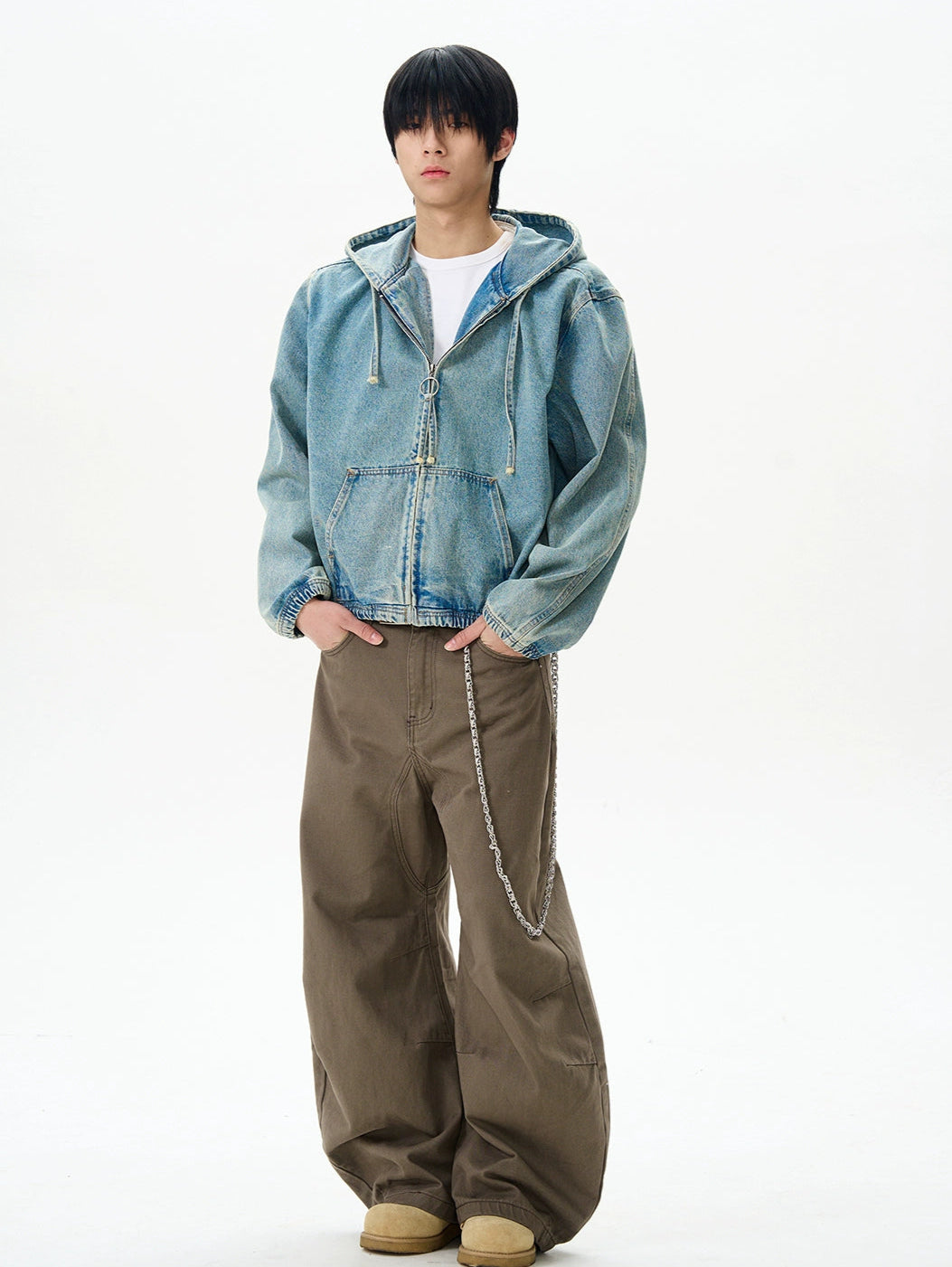 Boxy Denim Zip-Up Hooded Jacket with Elastic Hem Boxy Denim Zip-Up Hooded Jacket with Elastic Hem