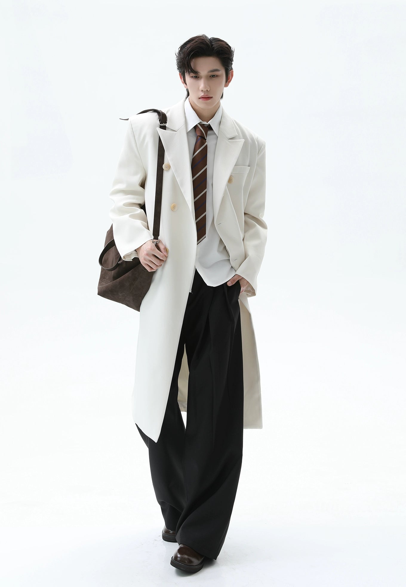 Double Breasted Longline Overcoat with Structured Shoulders