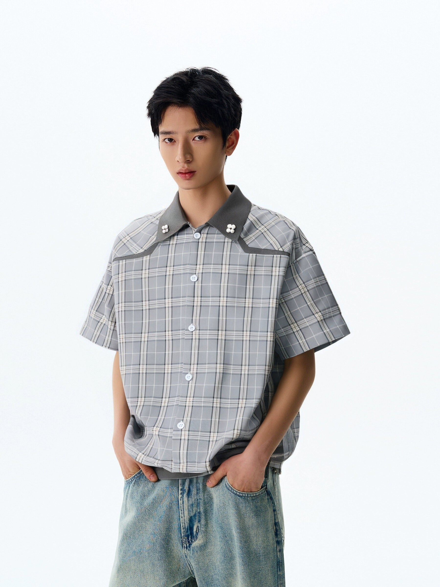 Oversized Contrast Trim Checker Short Sleeve Shirt with Metallic Collar Details