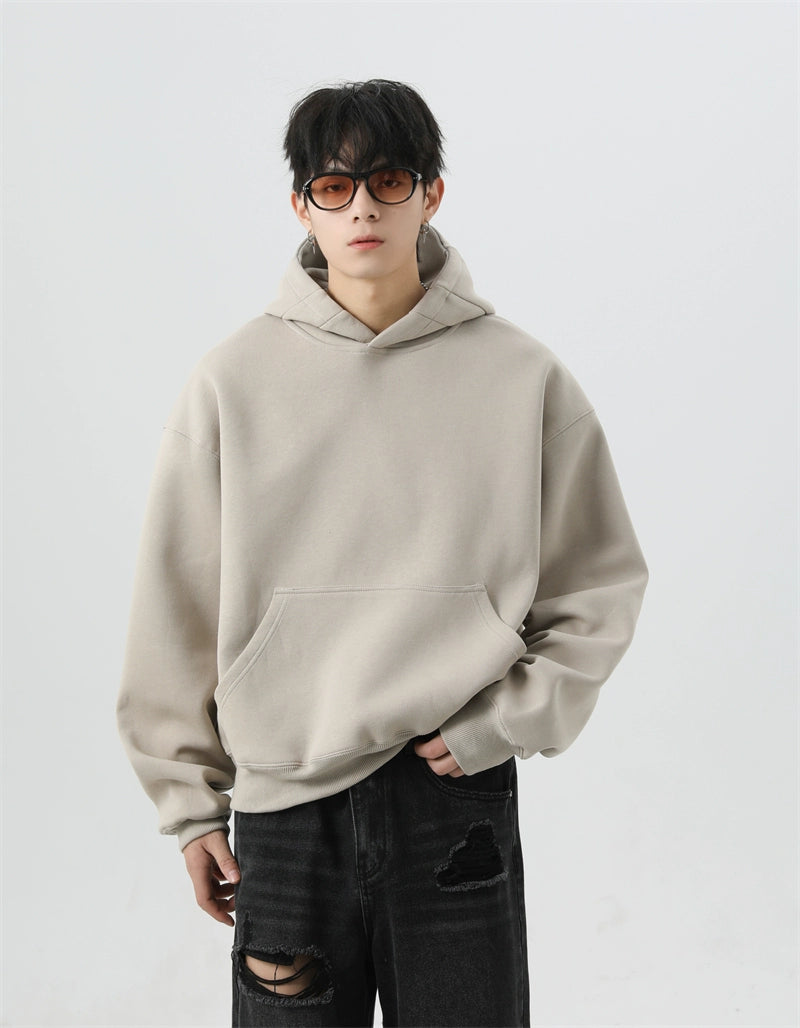 Oversized Mid-Crop Pullover Hoodie with Front Pocket