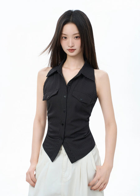 Pinstripe Button-Down Sleeveless Top with Tie Back - nightcity clothing