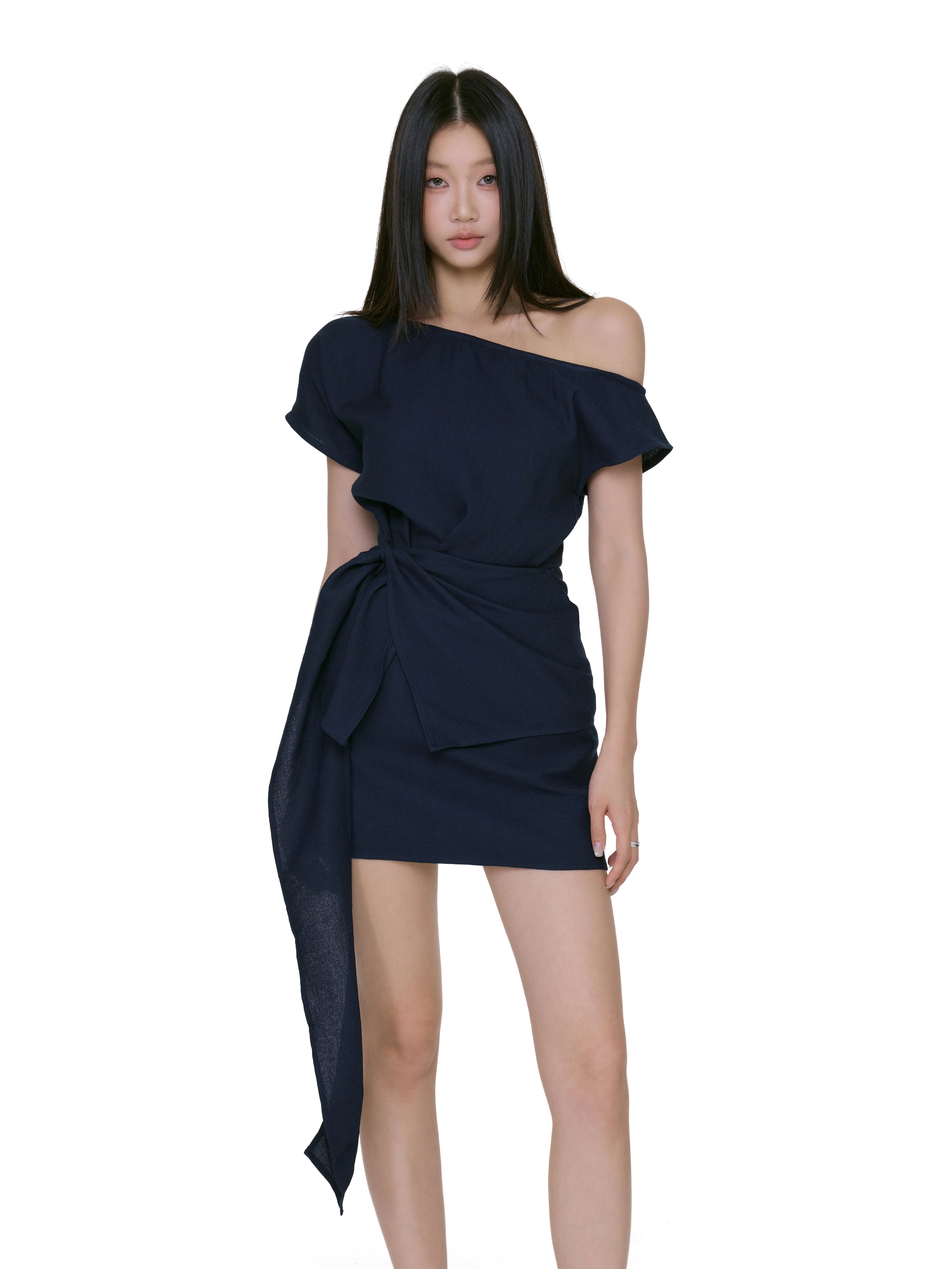 Asymmetric One Shoulder Mini Dress with Side Tie