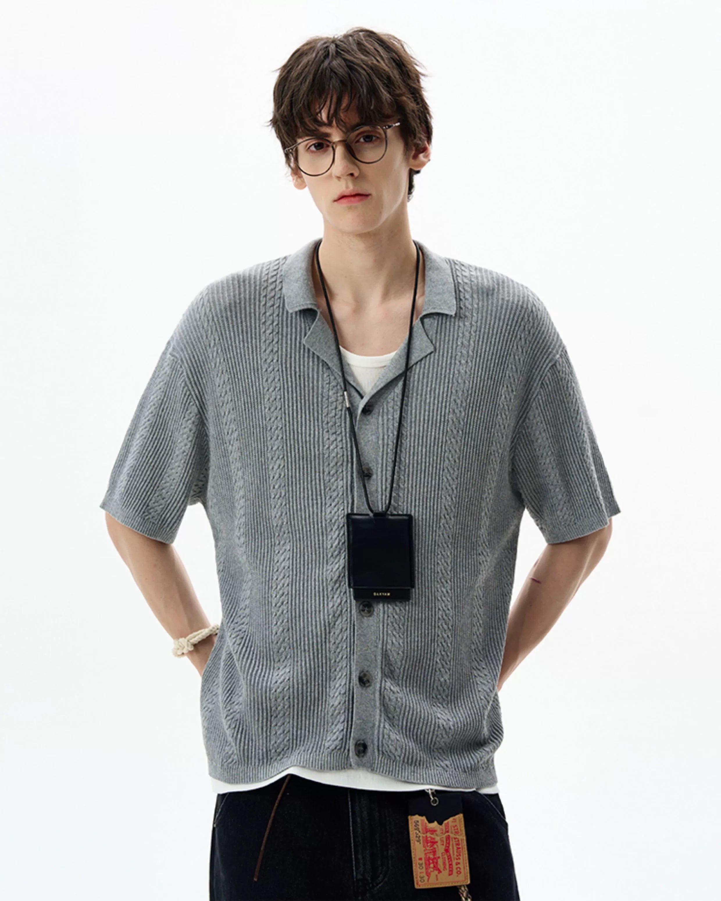 Textured Cable Knit Button-Up Shirt with Spread Collar