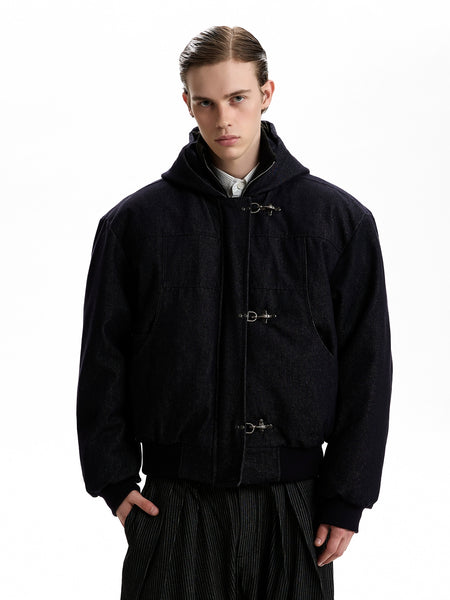 Boxy Fireman Clasp Hooded Dark-Wash Denim Zip Jacket