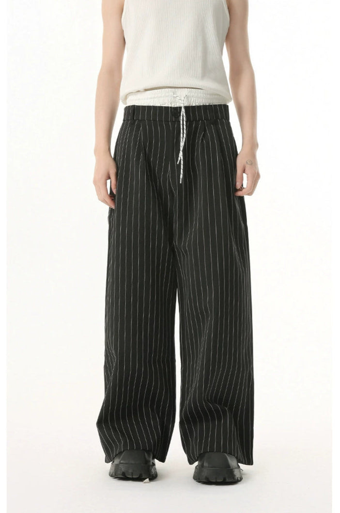 Mock Two-Piece Pinstripe Wide Leg Trousers with Elastic Waist