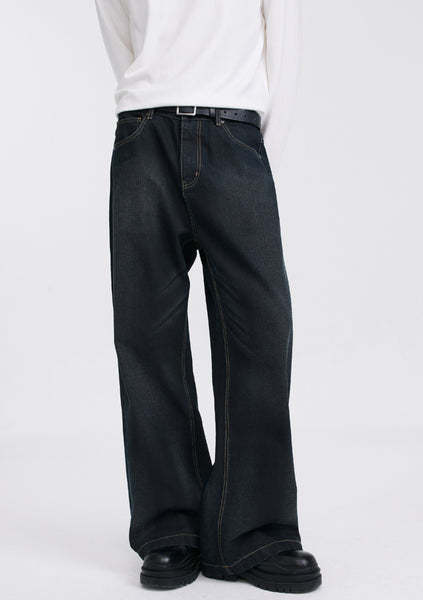 【SCENERITY】Black Low Wide Jeans Wide Leg Dark Wash Wax Jeans with Contrast Stitching