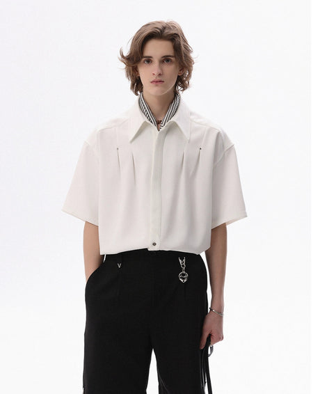 Structured Short-Sleeve Shirt with Pleated Front and Concealed Placket - nightcity clothing