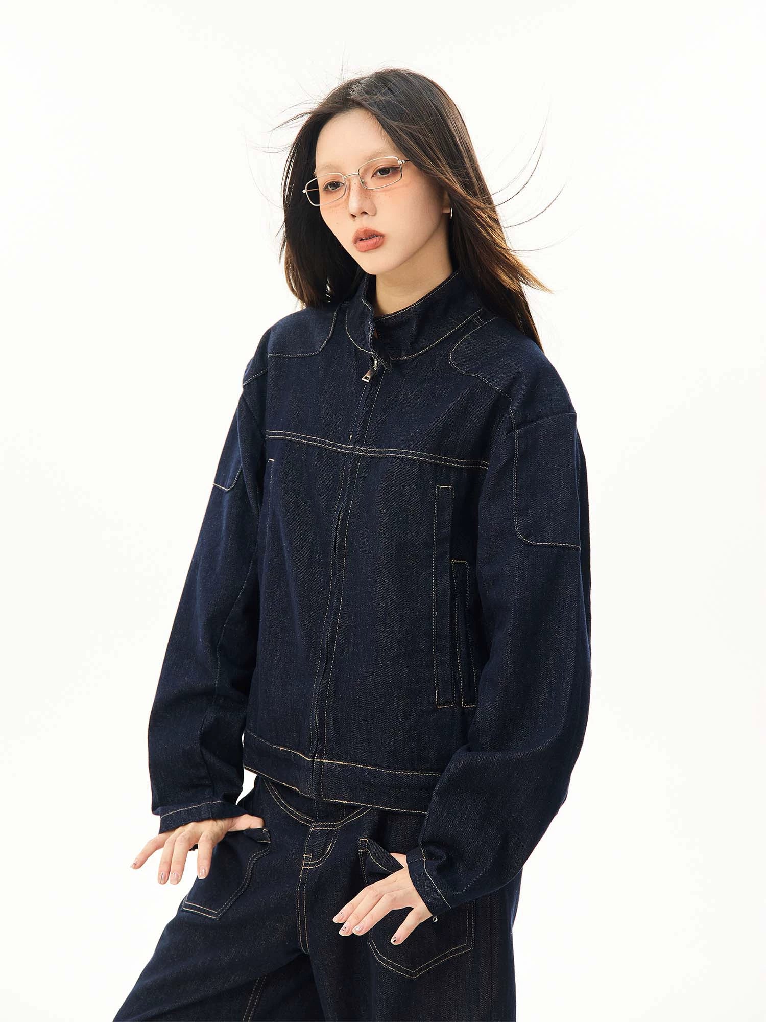 Oversized Contrast Stitch Denim Zip Jacket