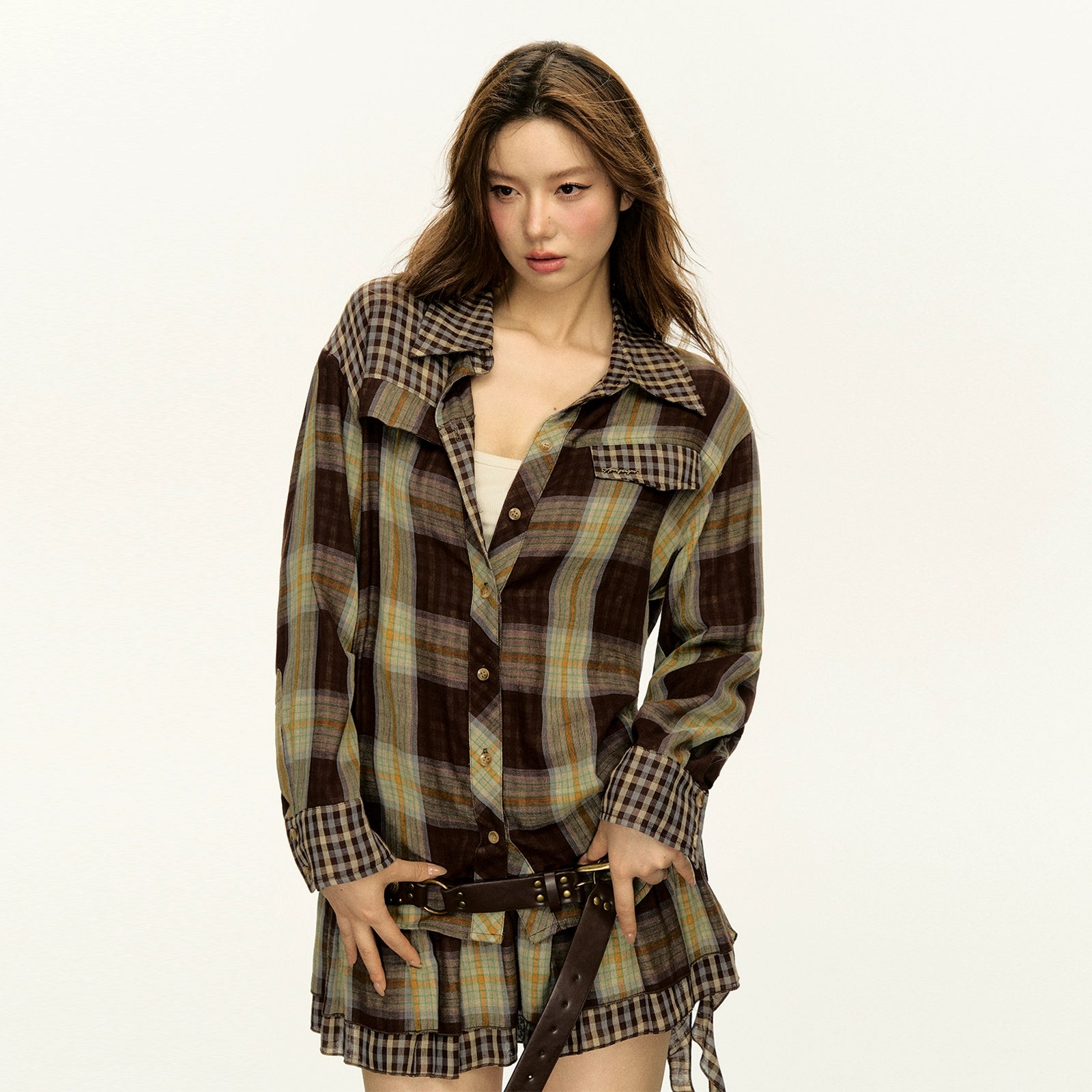 Checker Patchwork Plaid Long-Sleeve Button Shirt and Pleated Mini Skirt Two-Piece Set