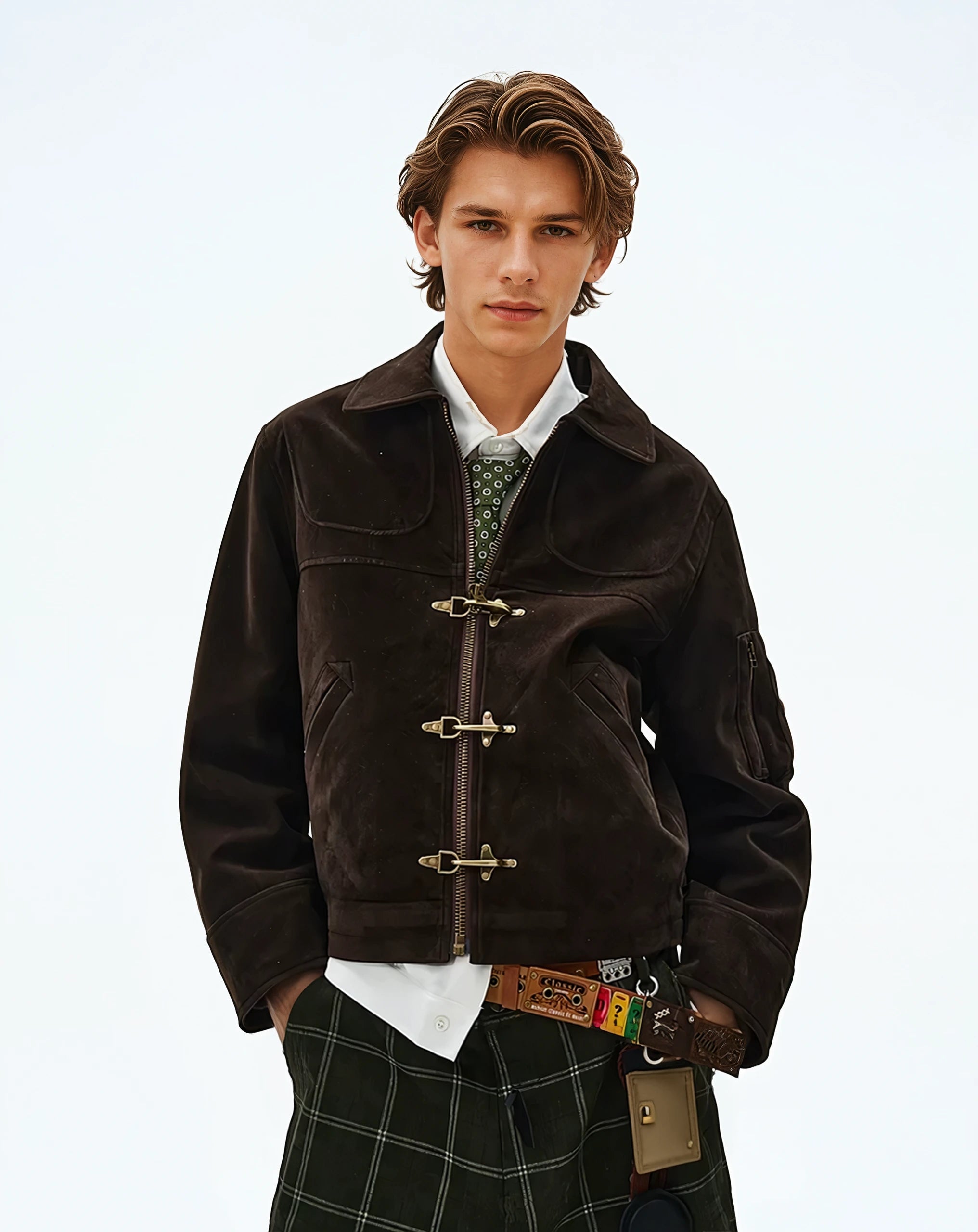 Suede Panelled Fireman Buckle Zip Jacket