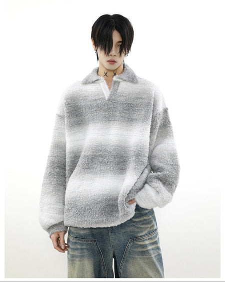 Plush Striped Open Collar Fuzzy Pullover