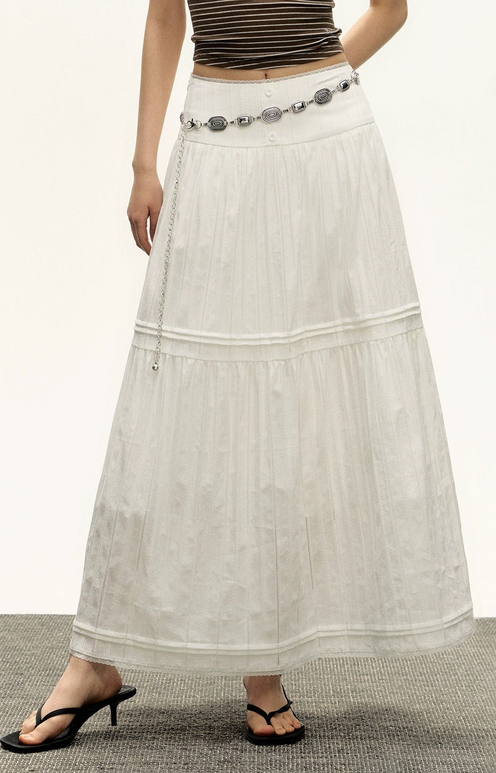 Tiered Pleated Lace-Detail Maxi Skirt