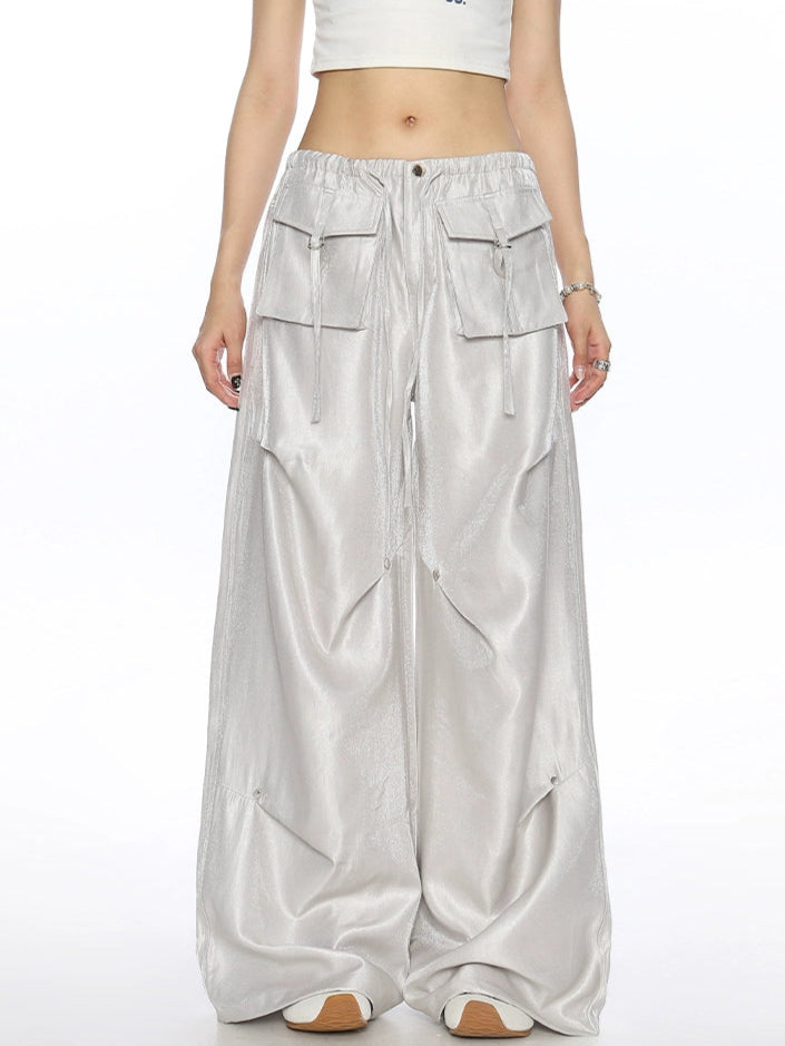 Wide Leg Shimmer Pants with Utility Pockets