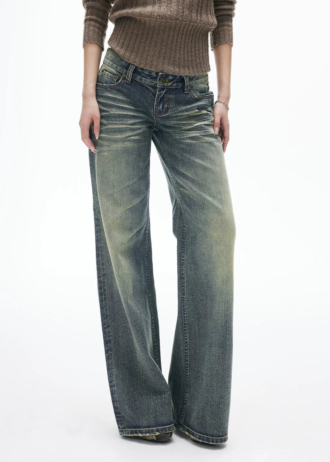 Straight Fit Sandblasted Faded Low-Waisted Jeans