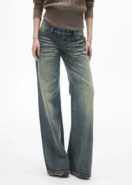 Straight Fit Sandblasted Faded Low-Waisted Jeans - nightcity clothing