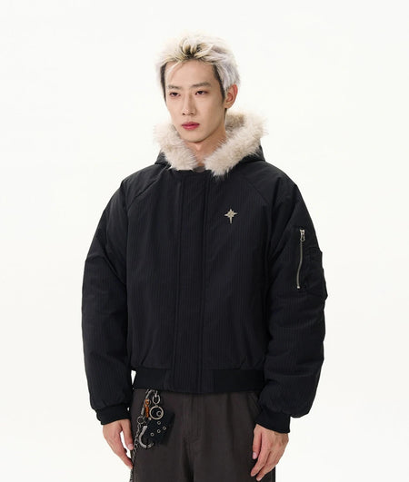 Pinstripe Bomber Jacket with Faux Fur Collar - nightcity clothing