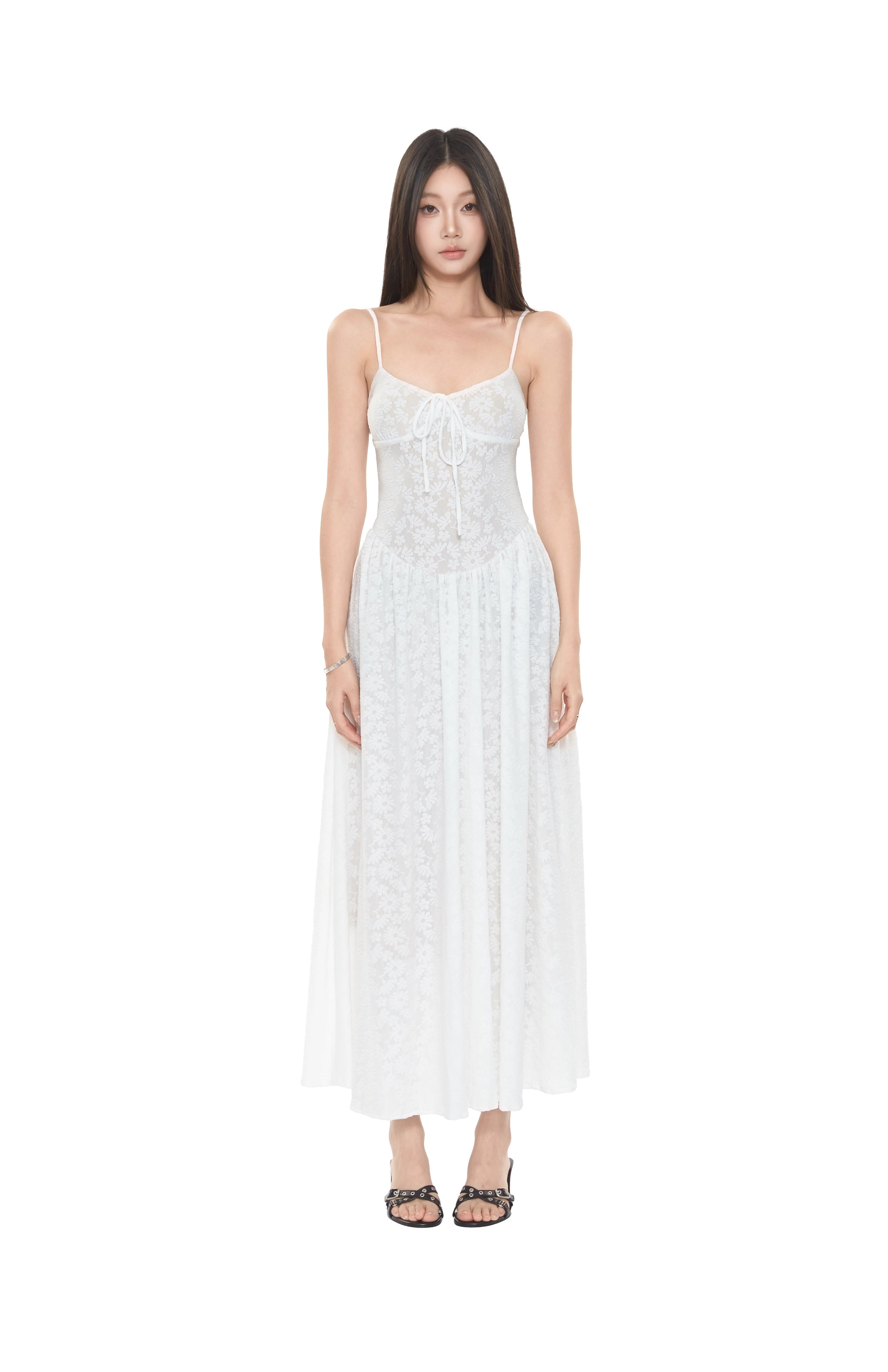 Lace Embroidered Maxi Dress with Adjustable Spaghetti Straps