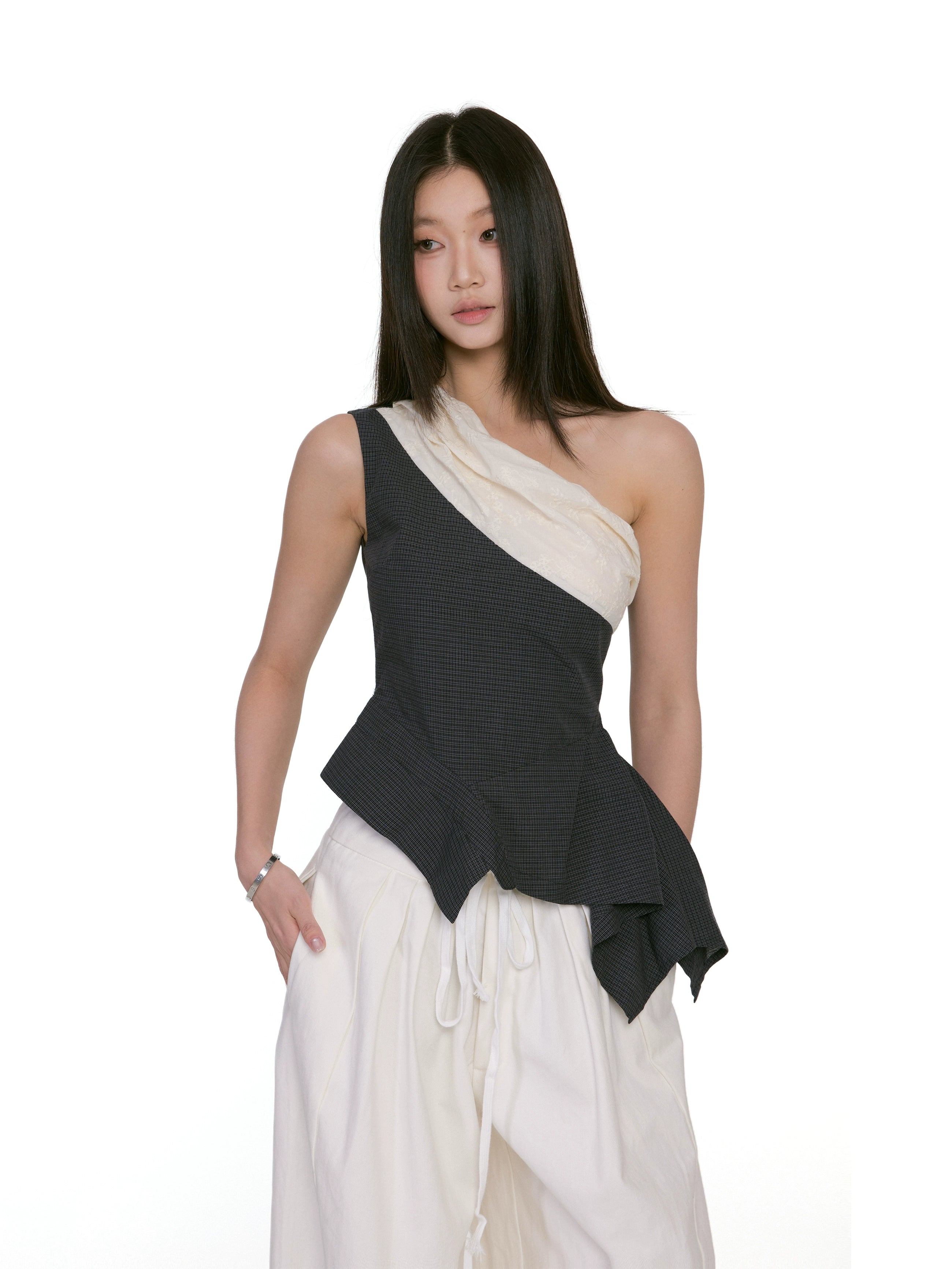 Asymmetric Overlay Draped One-Shoulder Peplum Top
