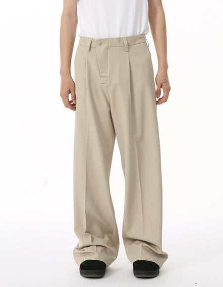 Wide Leg Pleated Trousers with Asymmetric Button Closure