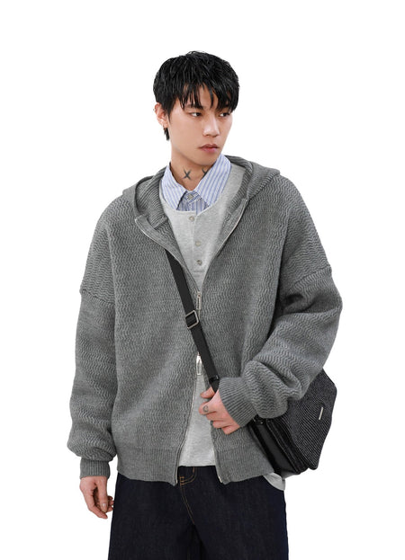 Wave Pattern Drop Shoulder Two Way Zip Hooded Jacket