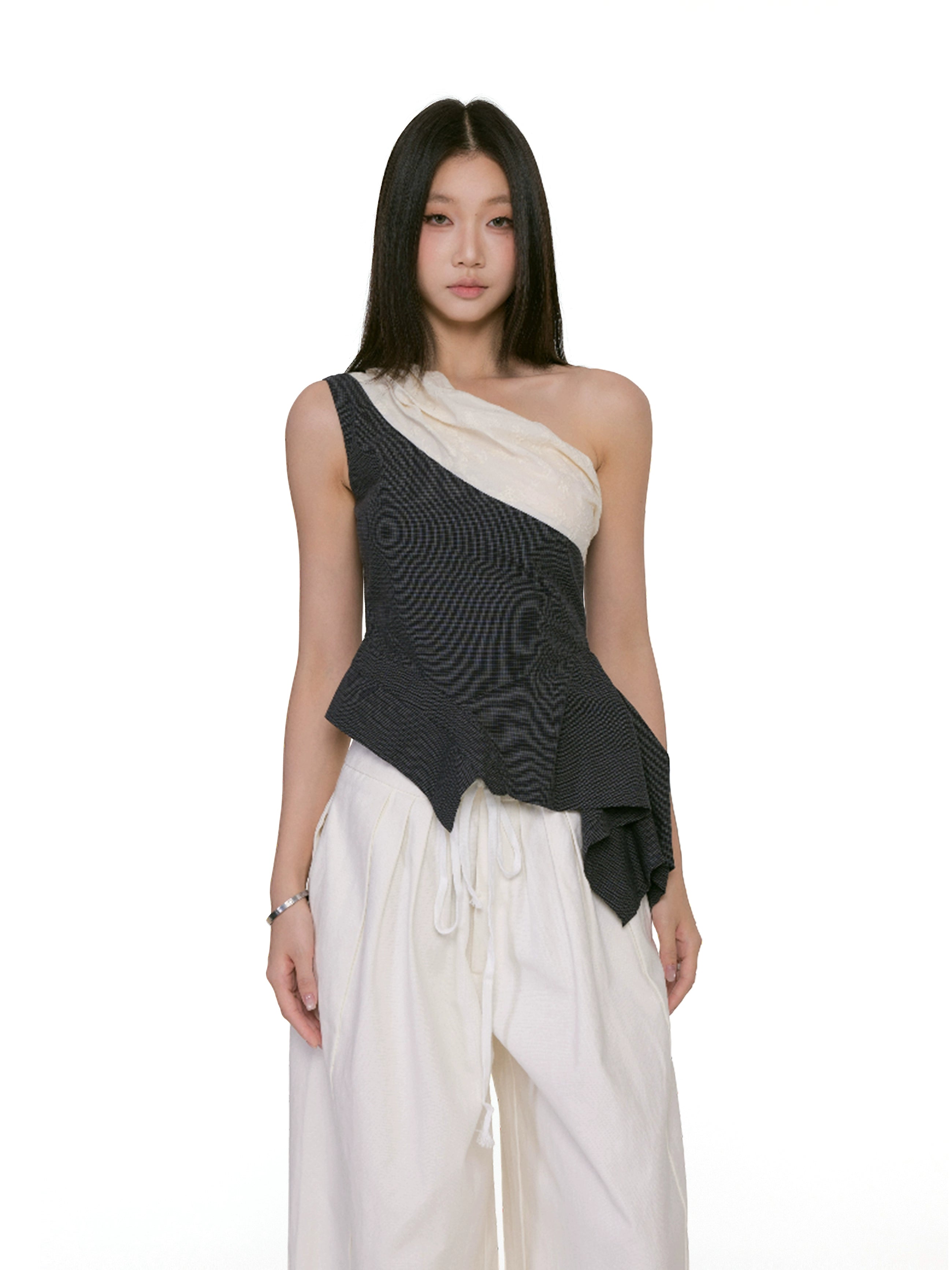 Asymmetric Overlay Draped One-Shoulder Peplum Top