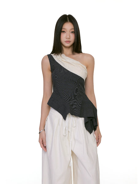 Asymmetric Overlay Draped One-Shoulder Peplum Top