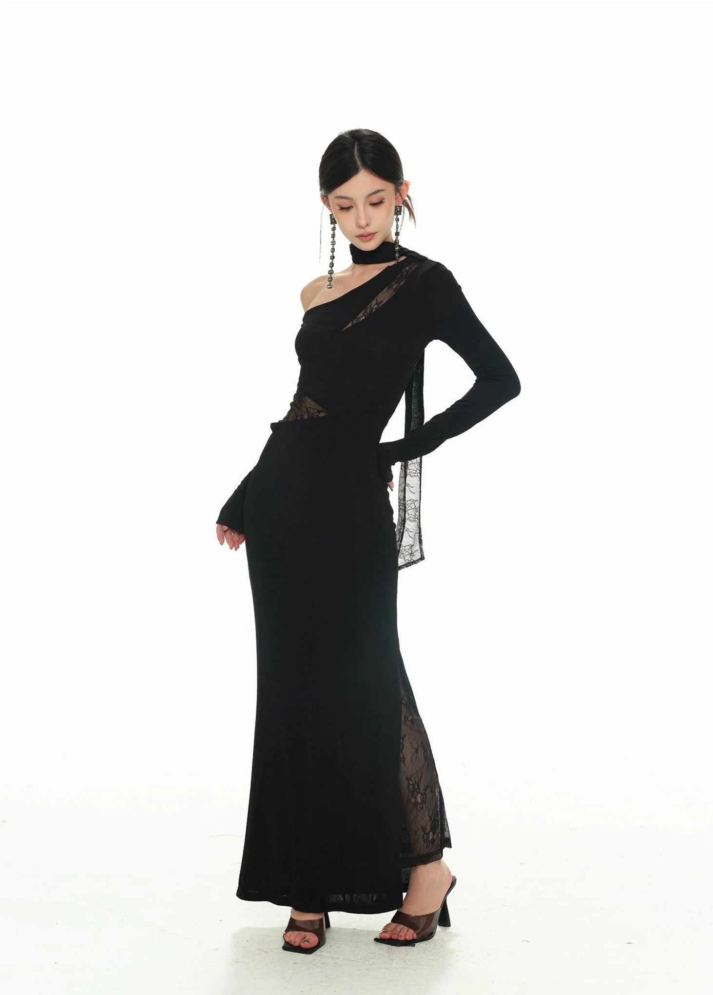 One-Shoulder Lace Detail Long Sleeve Dress with Scarf