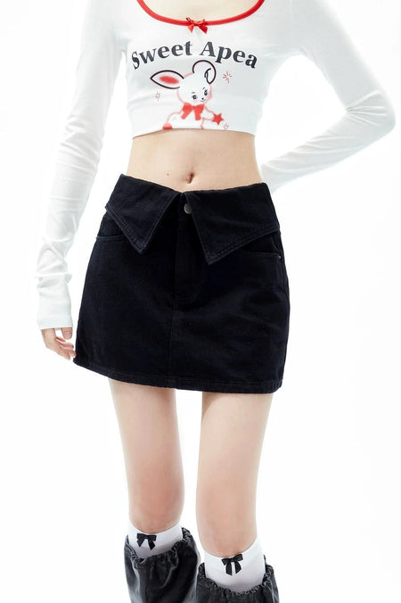 Fold Over Waist Faded Denim Mini Skirt