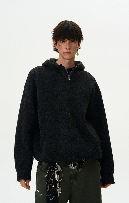 Funnel-Neck Hooded Knit Double-Zip Jacket