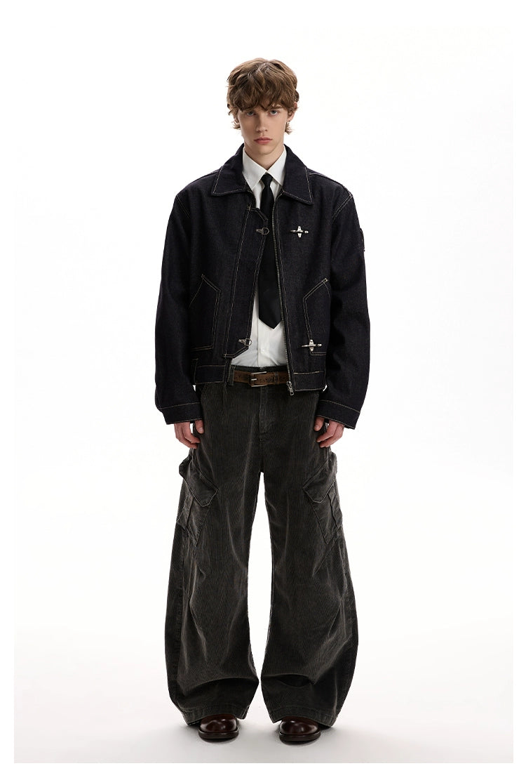 Fireman Clasp Contrast-Stitch Dark Wash Denim Zip Jacket